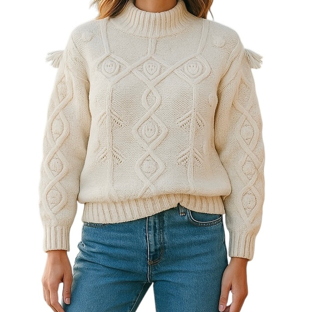 Vintage 80s Dalmys Cream Knit Mock Neck Sweater Long Sleeve Size SMALL